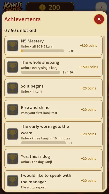 Learn kanji fast: the Kanji Blitz achievements list with coin rewards