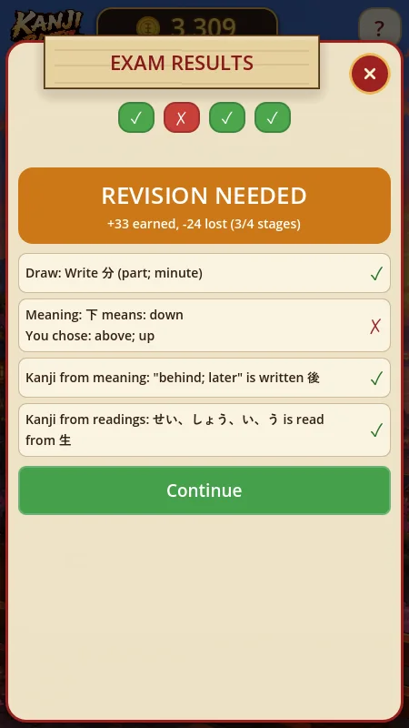 Learn kanji fast: the Kanji Blitz exam results with coins earned and lost per stage