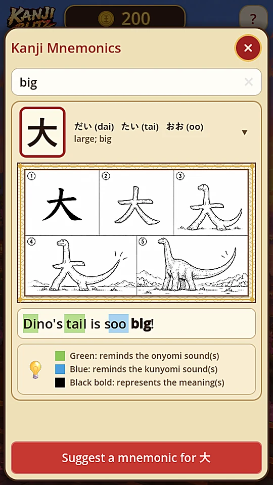 Learn kanji fast with a mnemonic: a dinosaur's tail is so big for the kanji big
