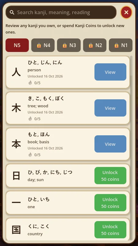 Learn kanji fast: the Kanji Blitz study list with readings, meanings and unlock buttons